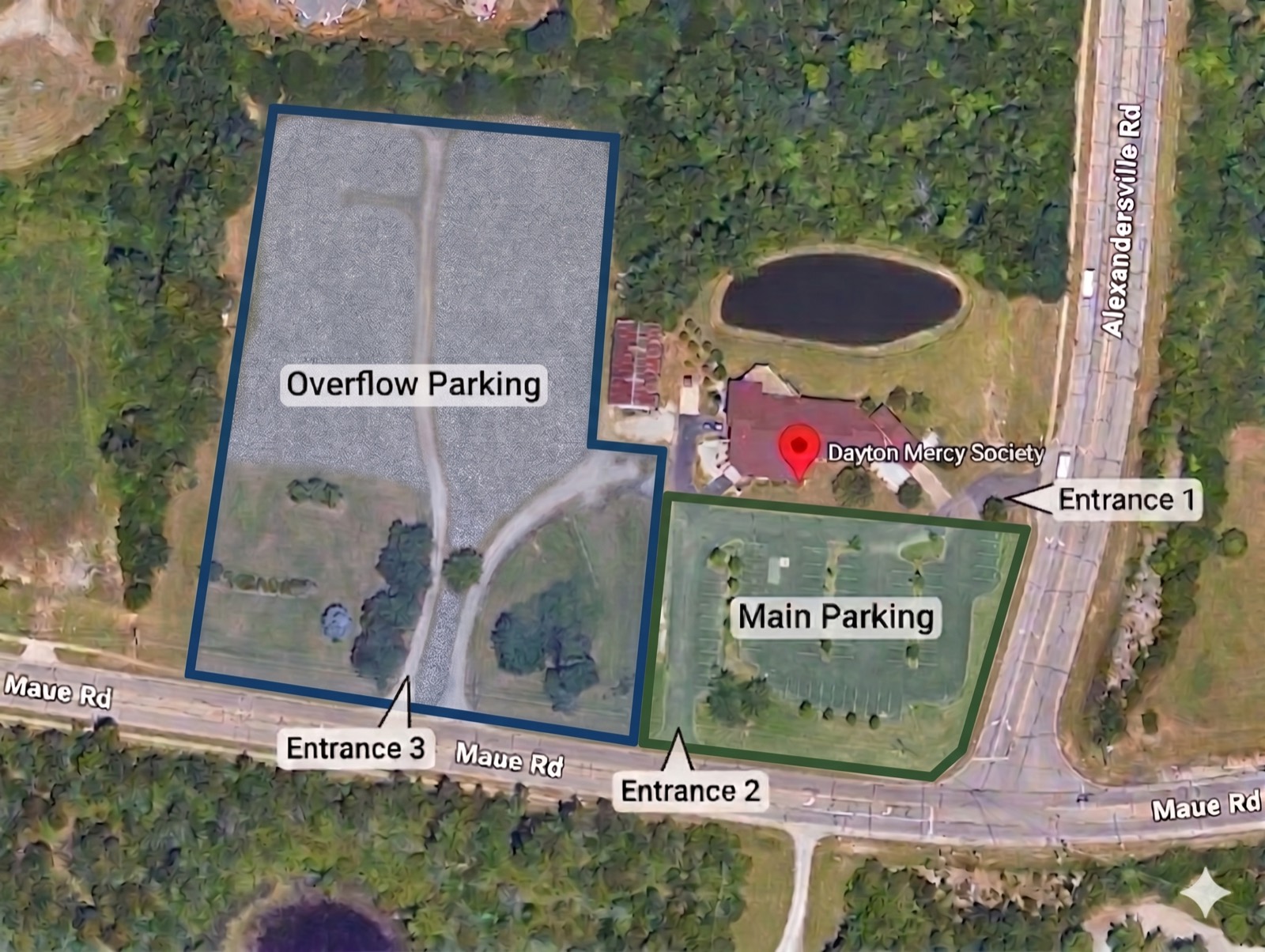 Aerial parking map: Main Parking beside the masjid with entrances off Alexandersville Rd and Maue Rd; Overflow Parking in the lot just west, entered from Maue Rd